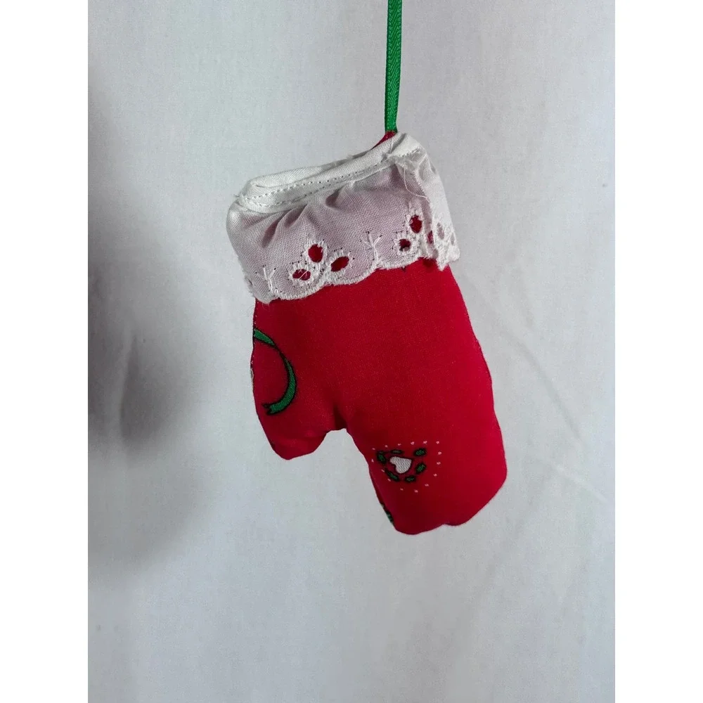 Handmade Vintage Red Mitten Christmas Ornament Eyelet Lace Trim Holly Heart